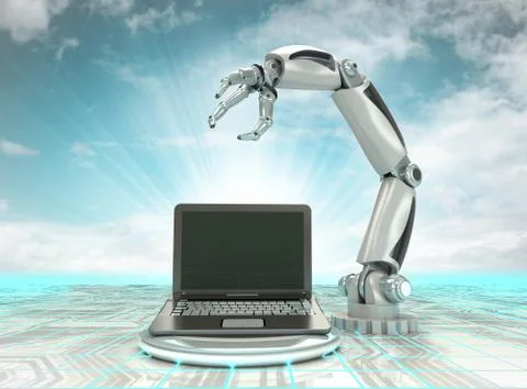 Cybernetic robotic hand creation of modern personal computer with cloudy sky Stock Illustration