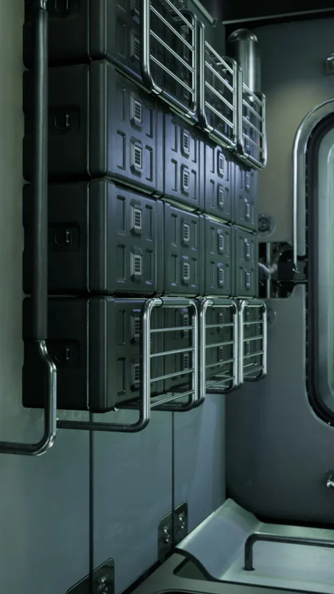 Cybernetic style corridor featuring secure storage and modern lighting Vídeos de archivo 329017816