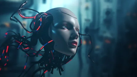 Cybernetic Woman and Complex Data Stream Network. Robot Head in Dark Futurist Video stock 308950469