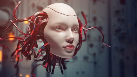 Cybernetic Womans Face with Complex Connections. Future Robot Headshot, Metal 库存影片 308950357