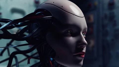 Cybernetic Womans Profile in Dark Setting. Android Head with Complex Wiring D Video stock 308950411