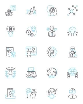 Cybernetics engineering linear icons set. Robotics, Automation, Machine learning Stock Illustration