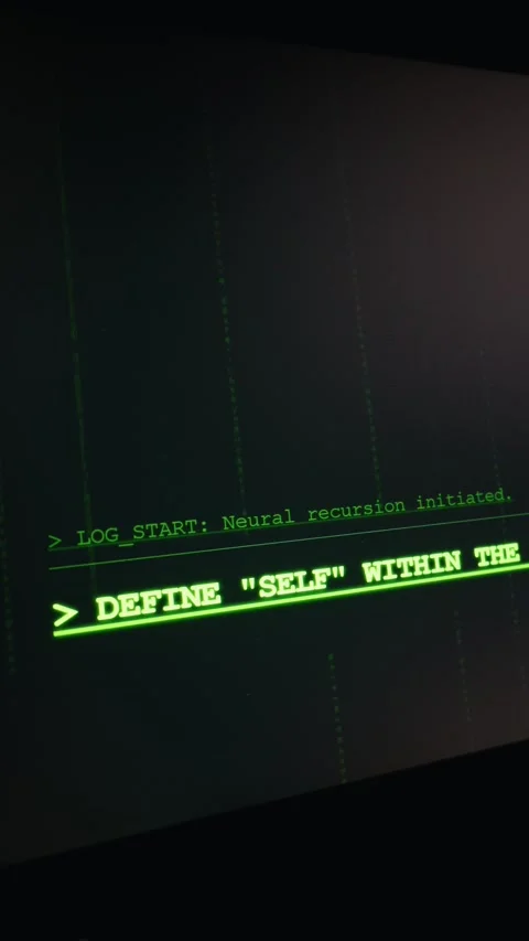Cyberpunk Ai Command Prompt Interface Asking About Concept of Self Stock Footage 334732377