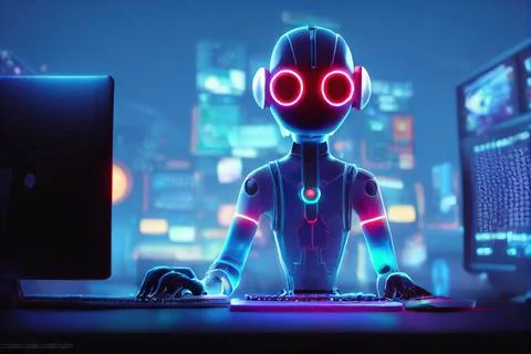 Cyberpunk AI Computer Hacker at Computer Performing Cybercrime Stock Illustration