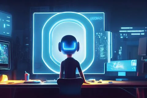 Cyberpunk AI Computer Hacker Cybersecurity Stock Illustration