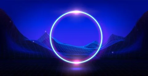 Cyberpunk background with neon circle on wireframe Stock Illustration
