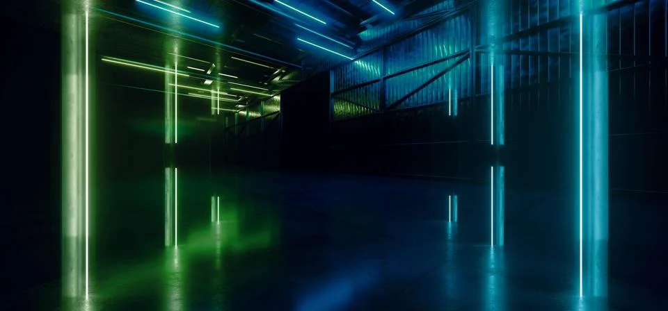 Cyberpunk Big Sci Fi Alien Neon Electric Blue Green Vibrant Laser Metal Bar.. Stock Illustration