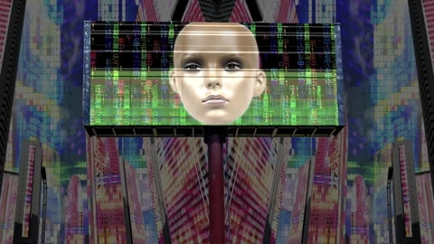 Cyberpunk city with code on the buildings and billboard with Mannequin Stock Footage 315679121