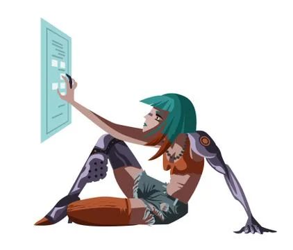 Cyberpunk cyborg hacker girl with interface cyberspace virtual reality screen 스톡 일러스트