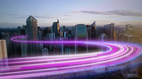 Cyberpunk data connection graphics overlaying the Manila business district at Vídeos de archivo 345888876