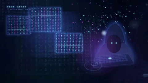 Cyberpunk Digital Ghost Hacker Typing on Holographic Keyboard with Code Screens 動画素材 341455555
