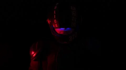 Cyberpunk future concept. Portrait of bionic cyborg police officer in dark Видео 158139616