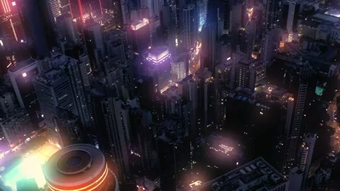 Beautiful Cyberpunk Cityscape, Glitchy Animation style, Cyberpunk Wallpaper/Background, Stock Illustration