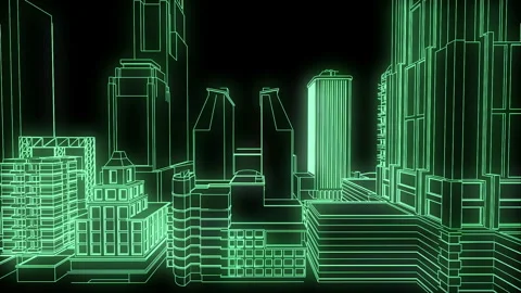 Cyberpunk Futuristic Megacity #2 Wireframe Neon Green 4K 25fps VJ Loop Stock Footage 345453935