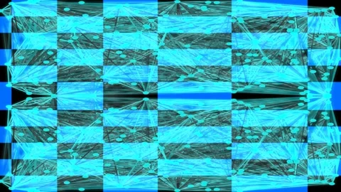 Cyberpunk geometric data grid overlay on red and blue checkerboard pattern Stock Footage 335604912