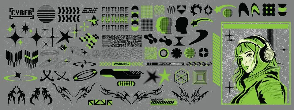 Cyberpunk grid icon element kit, vector abstract retro y2k shapes set Illustrazione stock