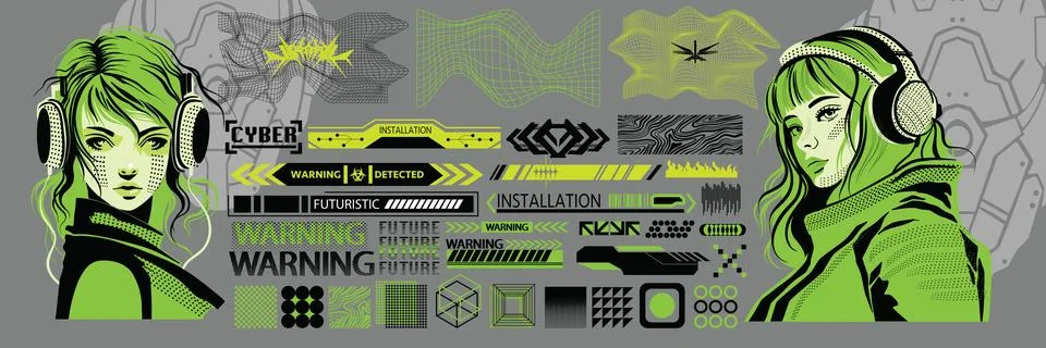 Cyberpunk grid icon set, vector abstract retro y2k element shapes kit Illustrazione stock