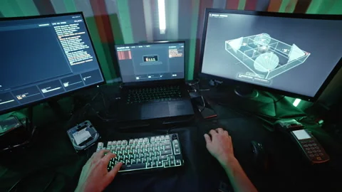 Cyberpunk hacker cracking pin code and disabling surveillance cameras Stock Footage 341659722