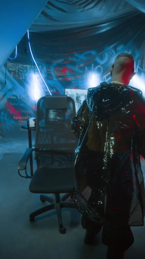 Cyberpunk Hacker Entering Password on Invisible Panel and Coding on Computer Stock Footage 327632870