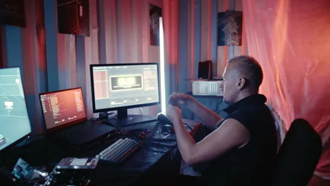 Cyberpunk hacker escaping after bypassing a computer system Stock Footage 341657207