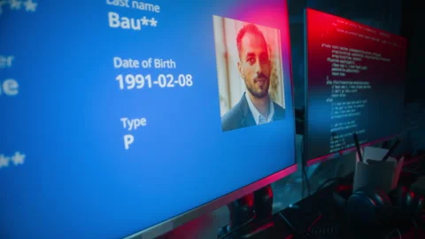 Cyberpunk Hacker Falsifying Passport Data on Computer in Dark Workspace Stock Footage 327638030