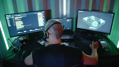 Cyberpunk hacker programming in a neon-lit room Stock Footage 341660446