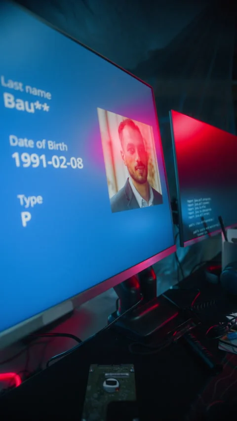 Cyberpunk Hacker Stealing Passports Data Using Computer in Futuristic Workspace Stock Footage 327640102