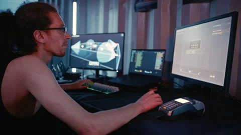 Cyberpunk Hacker Using Payment Terminal in Digital Attack Scene Stock Footage 341658171
