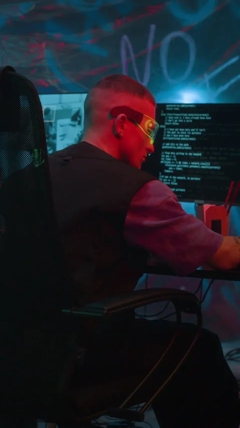 Cyberpunk Hackers Leaving Workspace with Computers when Alarm Ringing Stock Footage 327632494