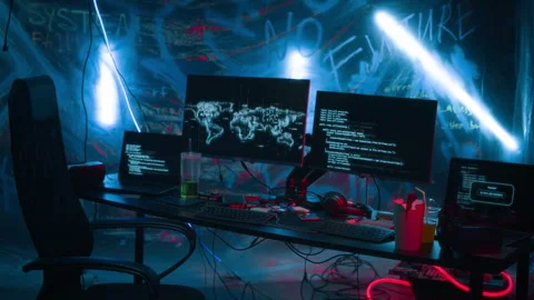 Cyberpunk Hacking Workspace with Computer Codes and E-map Stock Footage 327635564