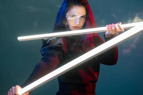 Cyberpunk hero futuristic portrait female assassin Stock Photos