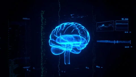 Cyberpunk-inspired digital brain scan featuring matrix glitch patterns within a  Stock Footage 312631135