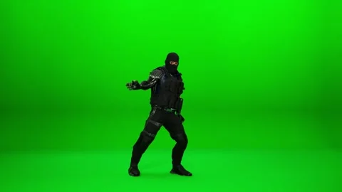 Cyberpunk Mercenary with Mask Dynamic Dance on Green Screen Stock Footage 321122345