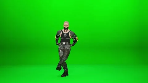 Cyberpunk Mercenary with Prosthetics Dynamic Dance on Green Screen Stock Footage 320162202