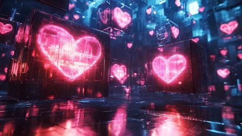 Cyberpunk Neon Heart Cubes Loop Futuristic City Valentine Background Stock Footage 341826861