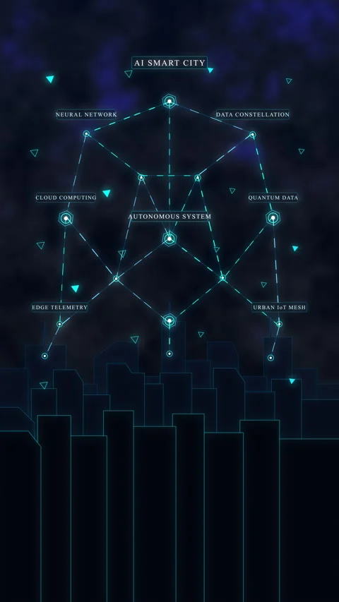 Cyberpunk network node animation glowing in dark city loop footage Видео 347050958