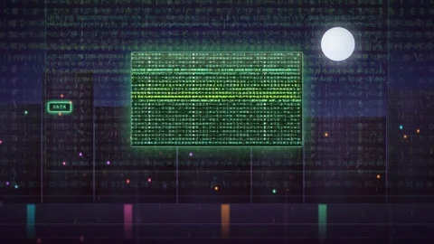 Cyberpunk Night City Data Screen with Code Rain and Glitch Effects Stockbeeldmateriaal 341456049