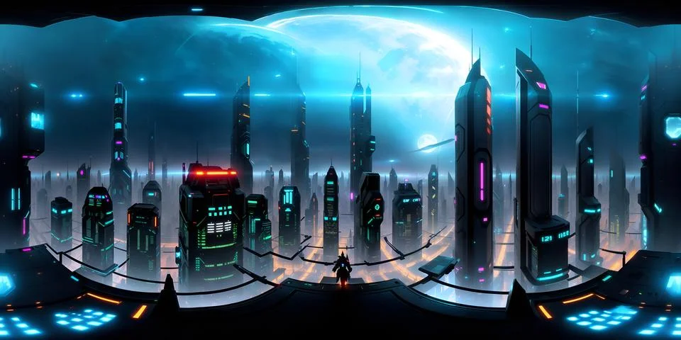 Cyberpunk Night City Tron Future 360 Panorama HDRI Stock Illustration