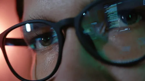 Cyberpunk Portrait of a Coder with Screen Glare on Eyewear Stock-Footage 341662327