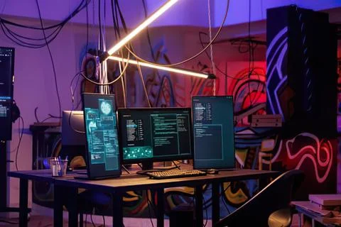 Cyberpunk programmer working at a high-tech desk with multiple monitors Stockfoto's