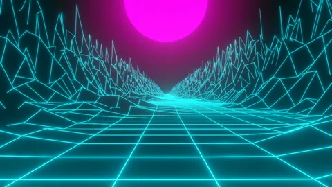 Cyberpunk red sun sets over a neon landscape. Seamless loop. Stock Footage 130592948
