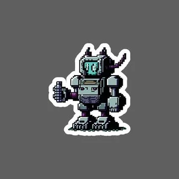 Cyberpunk robot 16 bit pixel sticker Stock Illustration