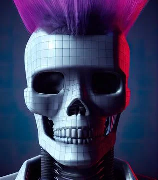 Cyberpunk robot criminal hacker, sci-fi cyborg with skull and mohawk hair. Di 스톡 일러스트