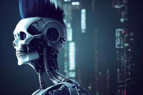 Cyberpunk robot hacker criminal concept. Skull with cyborg face with mohawk.  스톡 일러스트