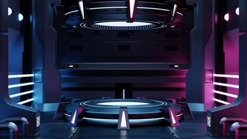 Cyberpunk sci-fi product podium showcase in empty spaceship room with blue an Stock Footage 201992447