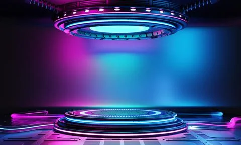 Cyberpunk sci-fi product podium showcase in empty room with blue and pink b.. Stock Illustration