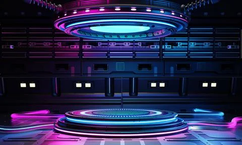 Cyberpunk sci-fi product podium showcase in spaceship base with blue and pi.. Stock Illustration