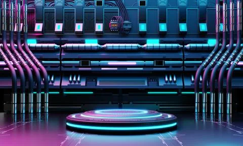 Cyberpunk sci-fi product podium showcase in spaceship base with blue and pi.. Stock Illustration