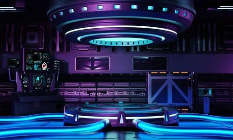 Cyberpunk sci-fi product podium showcase in spaceship with blue purple and .. Stock Illustration