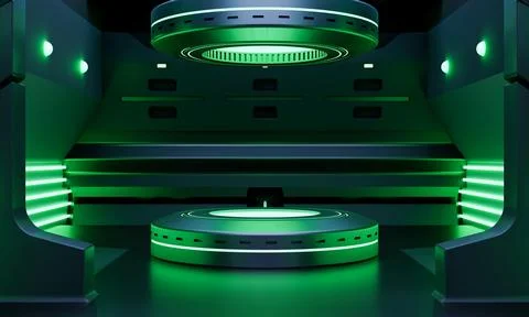 Cyberpunk sci-fi product podium showcase in spaceship with green neon light.. Stock Illustration